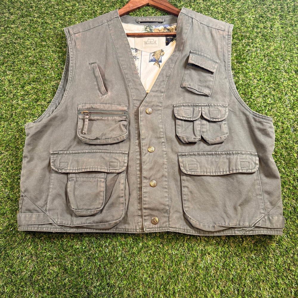 Woolrich Mens Utility Fishing Vest Olive Green Multi Pocket Gorpcore XL